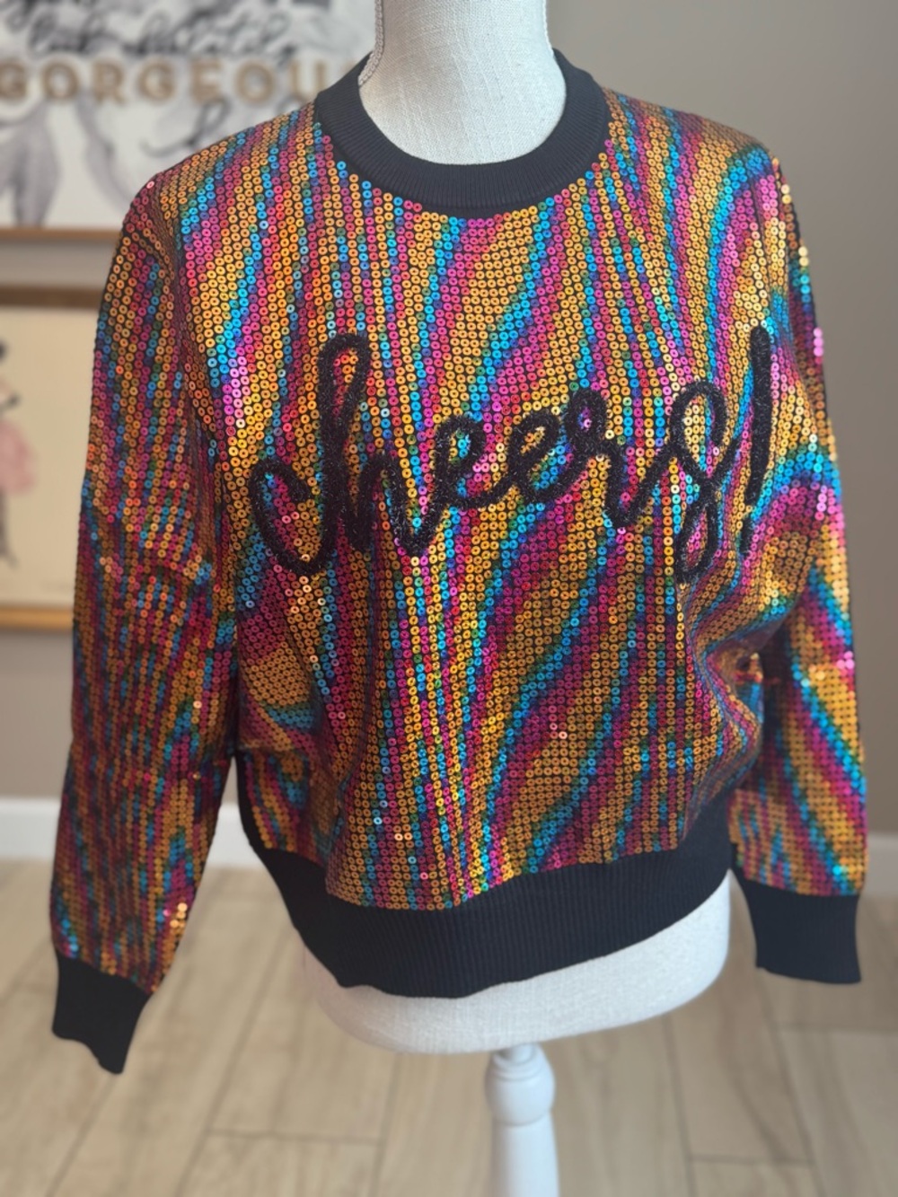 New! QUEEN OF SPARKLES Multi Sequin Glitter Cheers Crewneck Sweater